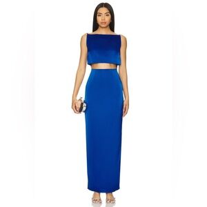 Oracle Boatneck Gown in Blue-cut out dress 
RUMER